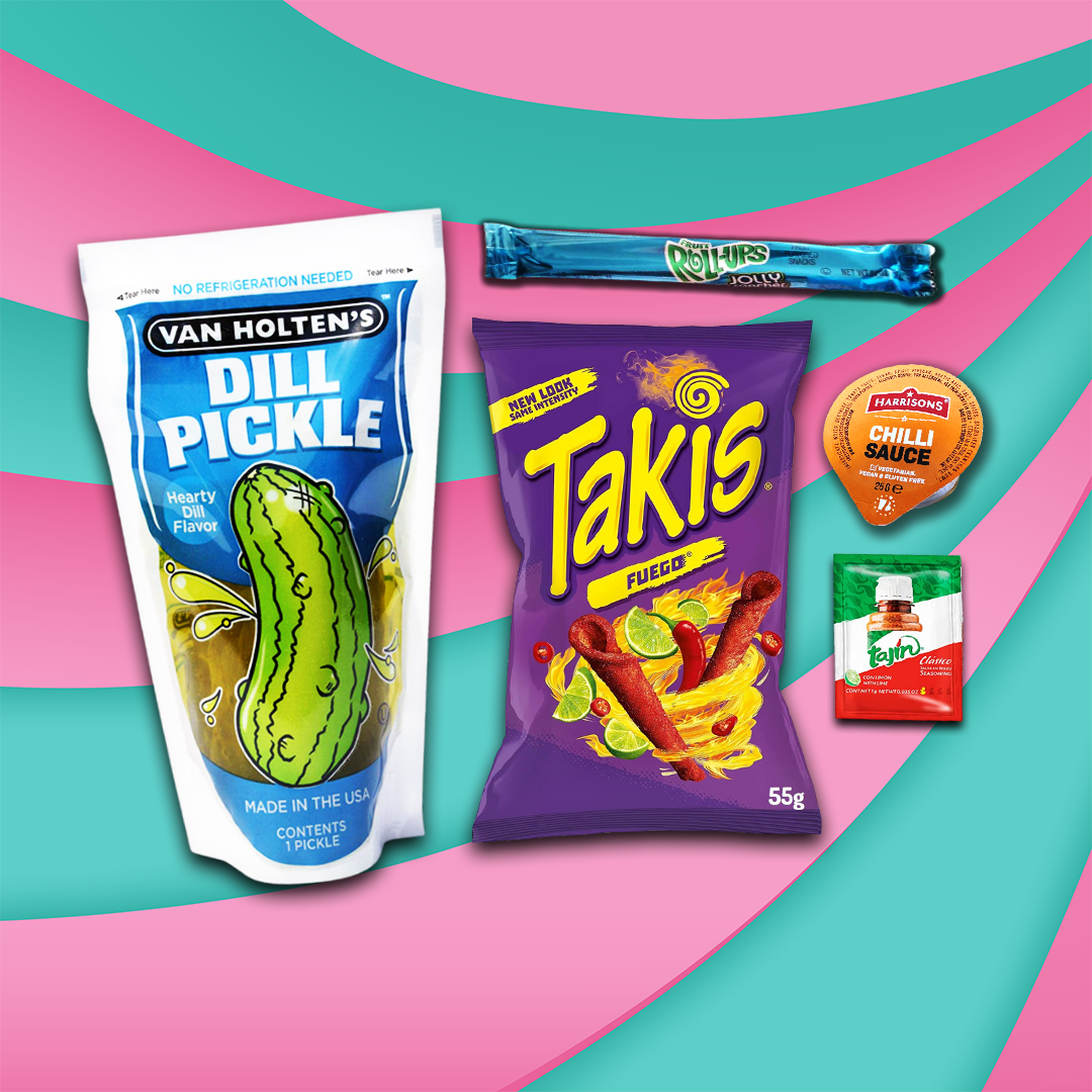 Chamoy Pickle Kit, with Tajin, Hot Sauce, Pickle, Takis, Fruit Roll Up