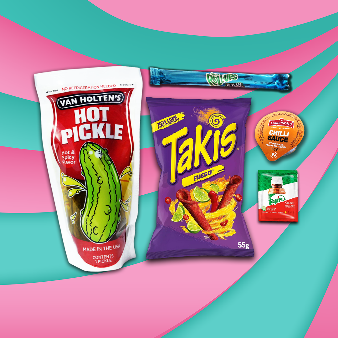 Chamoy Pickle Kit, with Tajin, Hot Sauce, Pickle, Takis, Fruit Roll Up