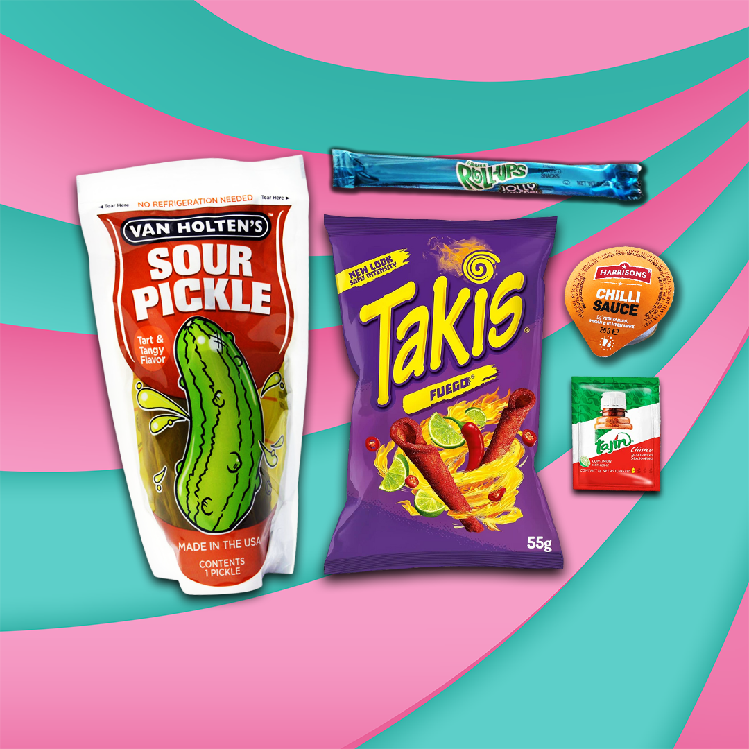 Chamoy Pickle Kit, with Tajin, Hot Sauce, Pickle, Takis, Fruit Roll Up