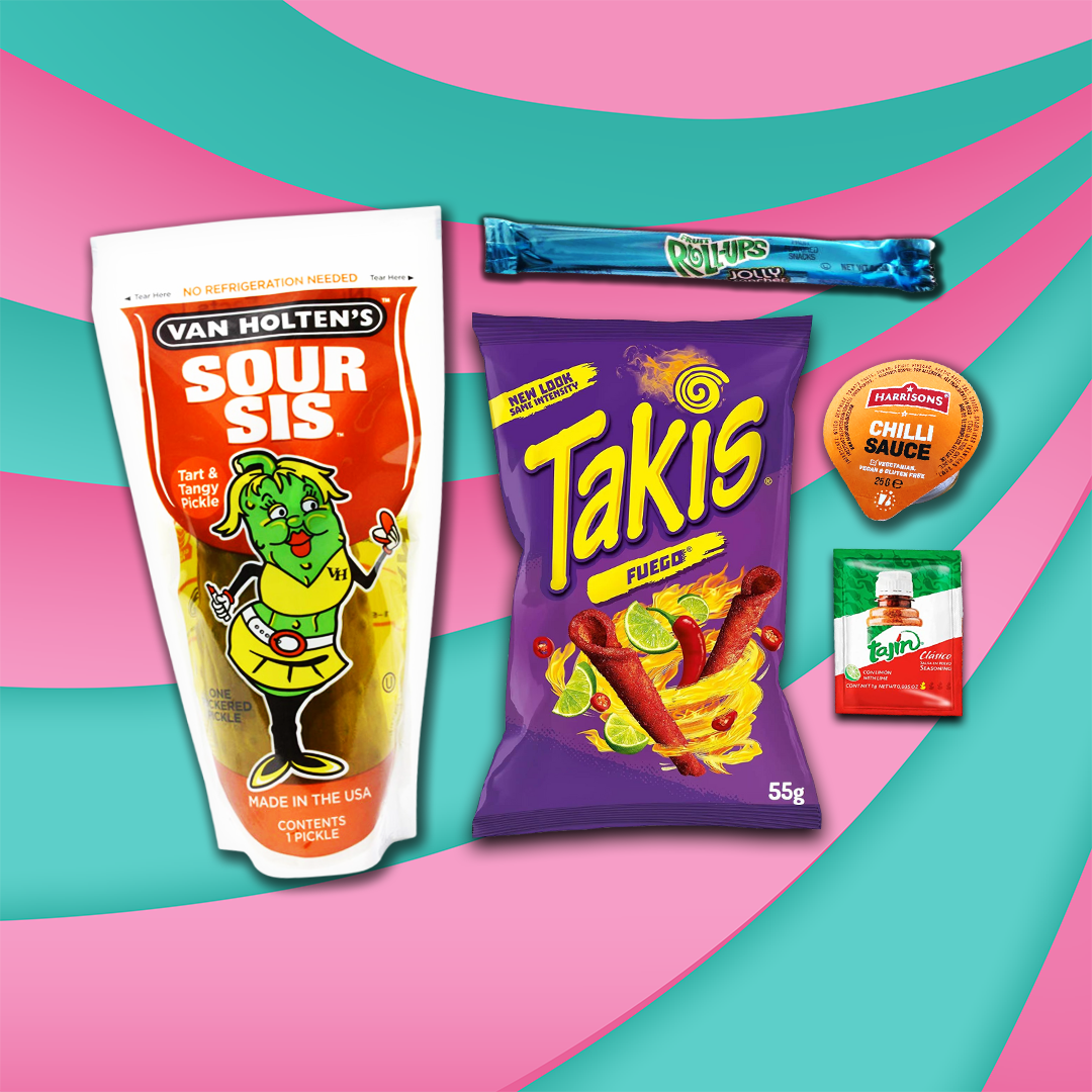 Chamoy Pickle Kit, with Tajin, Hot Sauce, Pickle, Takis, Fruit Roll Up