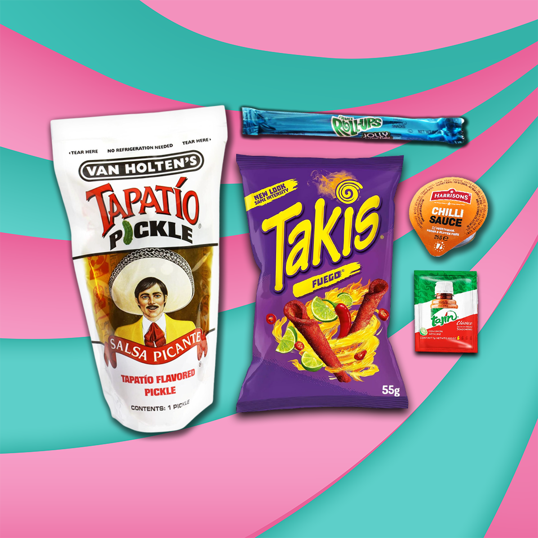 Chamoy Pickle Kit, with Tajin, Hot Sauce, Pickle, Takis, Fruit Roll Up