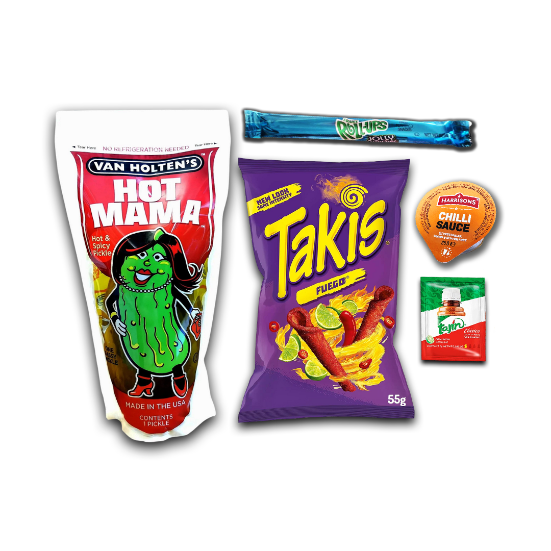 Chamoy Pickle Kit, with Tajin, Hot Sauce, Pickle, Takis, Fruit Roll Up