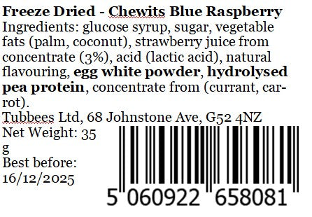 Tubbees Chewits Blue Raspberry Freeze Dried Candy, UK Made, Candy & Sweets! Single Bag