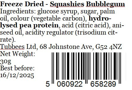 Tubbees Squashies Bubblegum Freeze Dried Candy, UK Made, Candy & Sweets! Single Bag