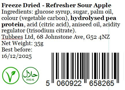 Tubbees Refresher Sour Apple Freeze Dried Candy, UK Made, Candy & Sweets! Single Bag