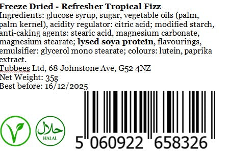 Tubbees Refresher Tropical Fizz Freeze Dried Candy, UK Made, Candy & Sweets! Single Bag