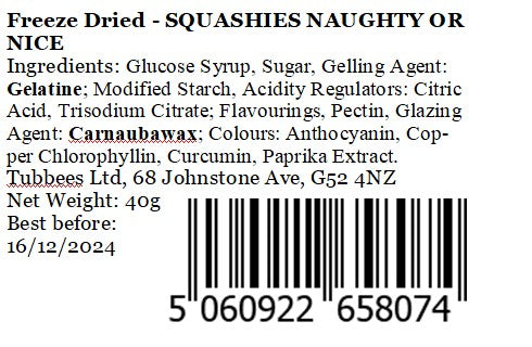 Tubbees Squashies Naughty or Nice Freeze Dried Candy, UK Made, Candy & Sweets! Single Bag