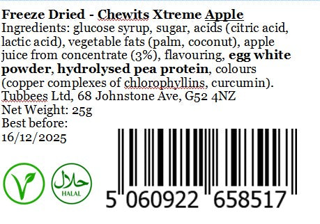 Tubbees Chewits XTREME Apple Freeze Dried Candy, UK Made, Candy & Sweets! Single Bag